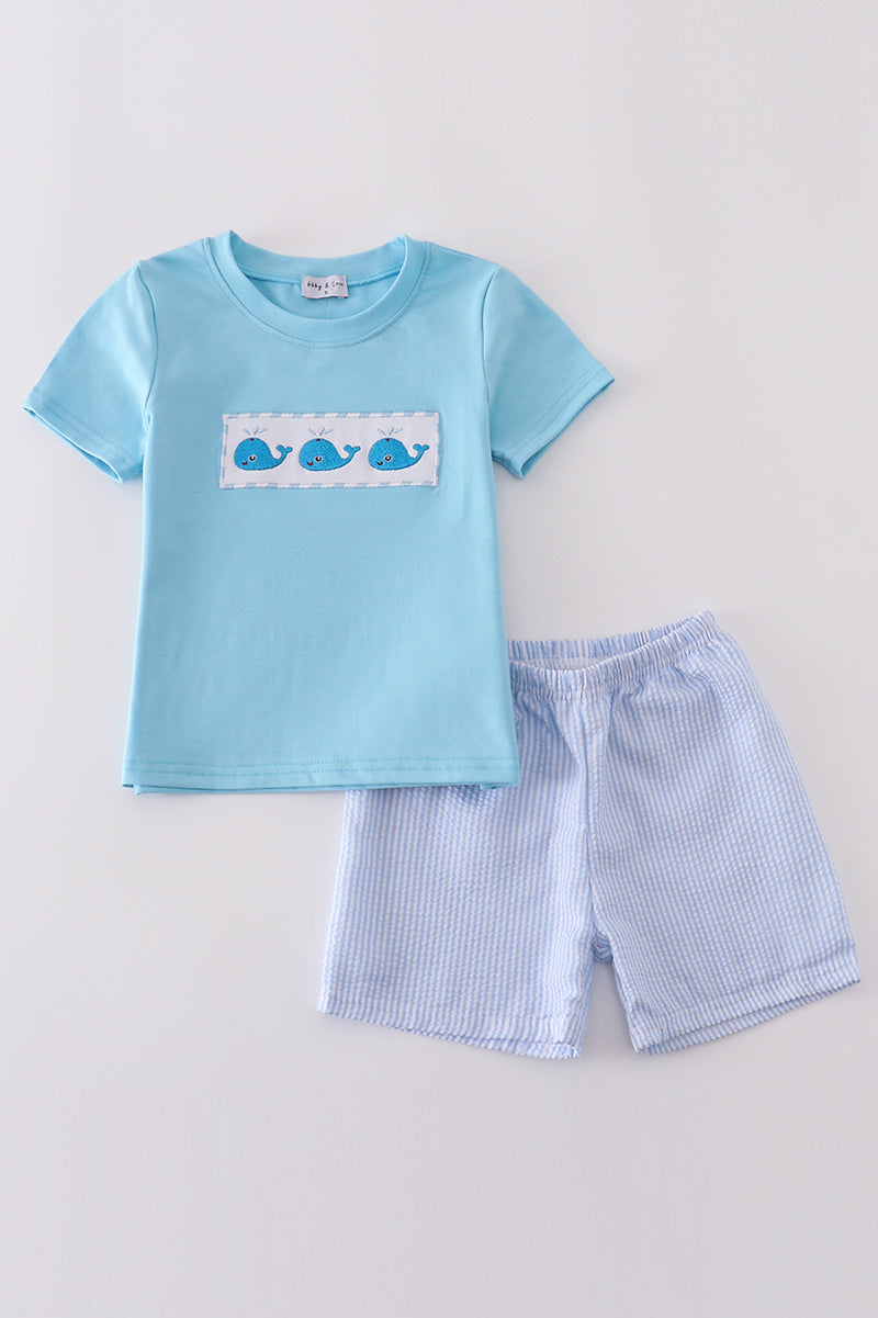 Blue Seersucker Whale Embroidery Set Honeydew