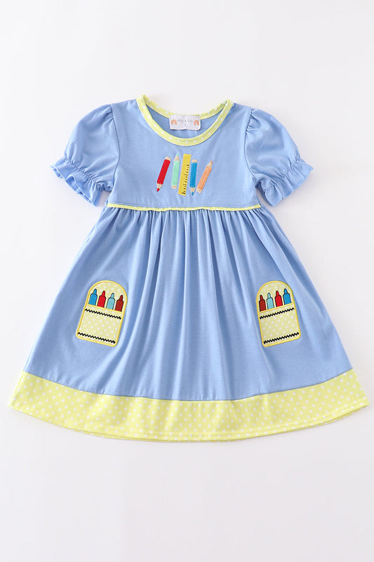 Blue Crayon Embroidery Short Sleeve Dress Honeydew