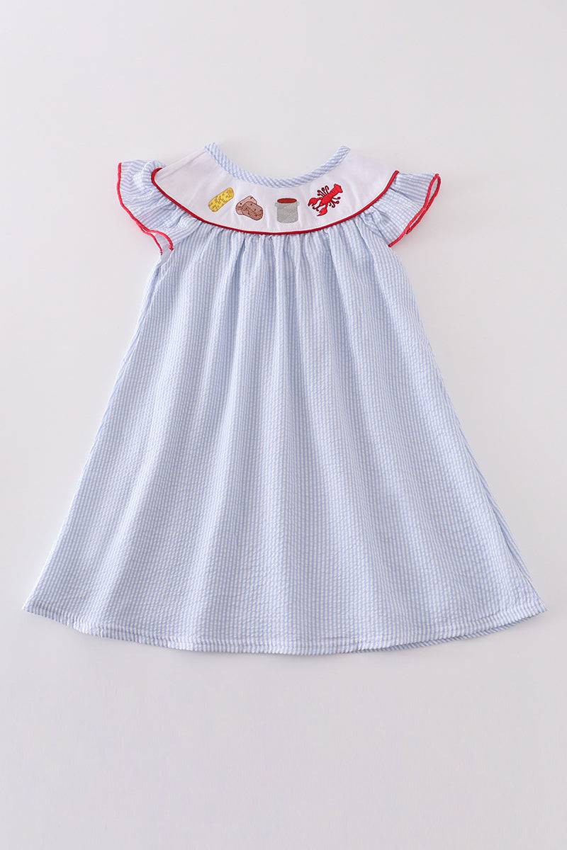Blue Seersucker Crawfish Embroidery Collection Girl Dress