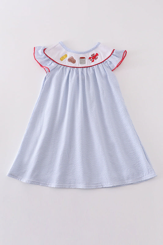 Blue Seersucker Crawfish Embroidery Collection Girl Dress
