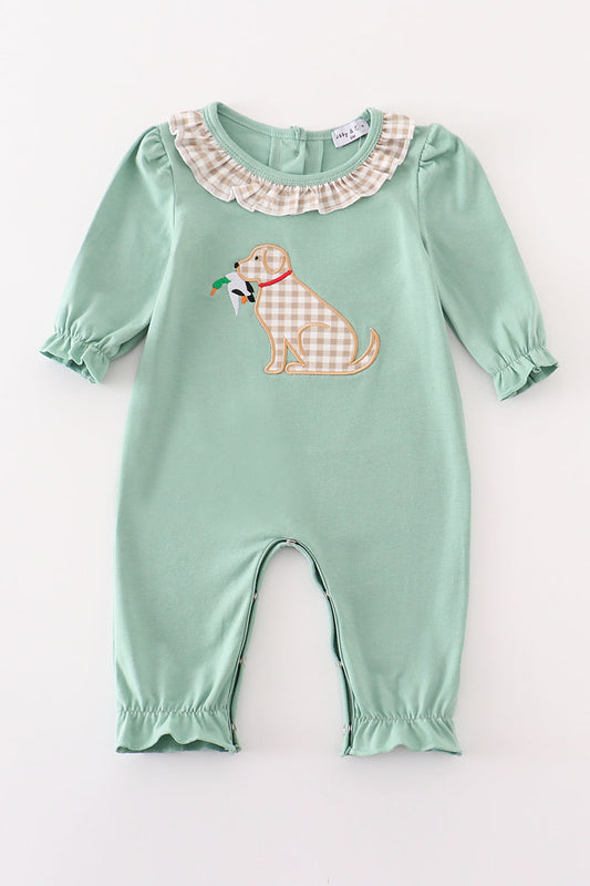 Sage Hunting Duck Puppy Applique Romper Honeydew