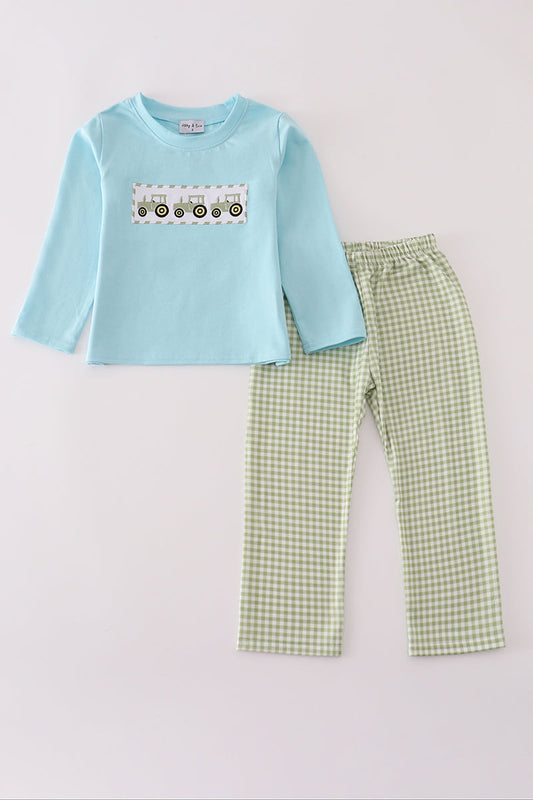 Blue Tractor Embroidery Boy Pants Set Honeydew