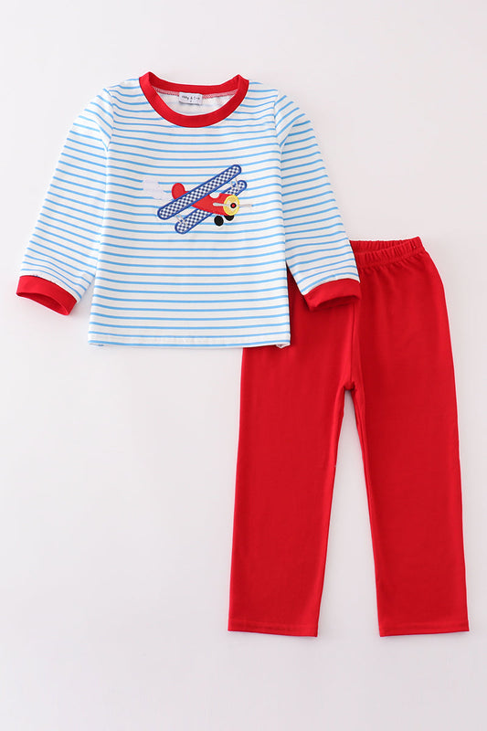 Blue Stripe Airplane Applique Boy Set Honeydew