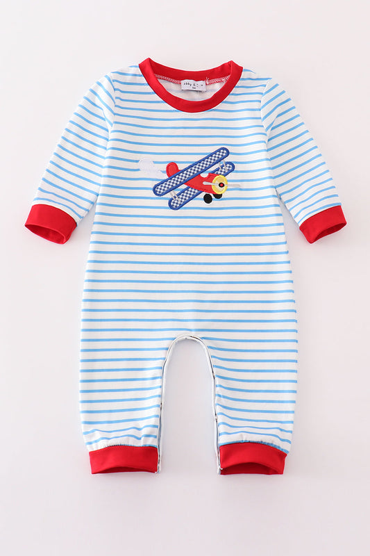 Blue Stripe Airplane Applique Boy Romper Honeydew