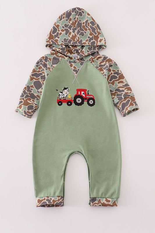 Green Camouflage Cow Tractor Applique Boy Romper Honeydew