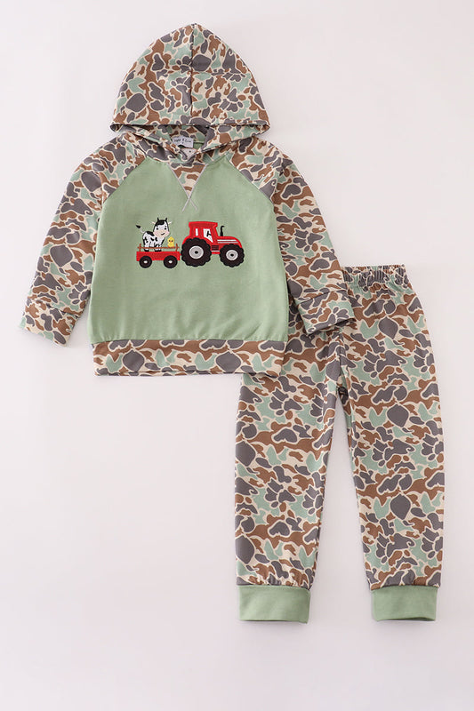 Green Camouflage Cow Tractor Applique Boy Pants Set Honeydew