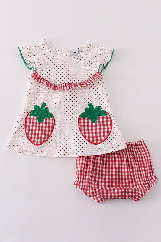Red Dot Strawberry Embroidery Girl Bloomer Set