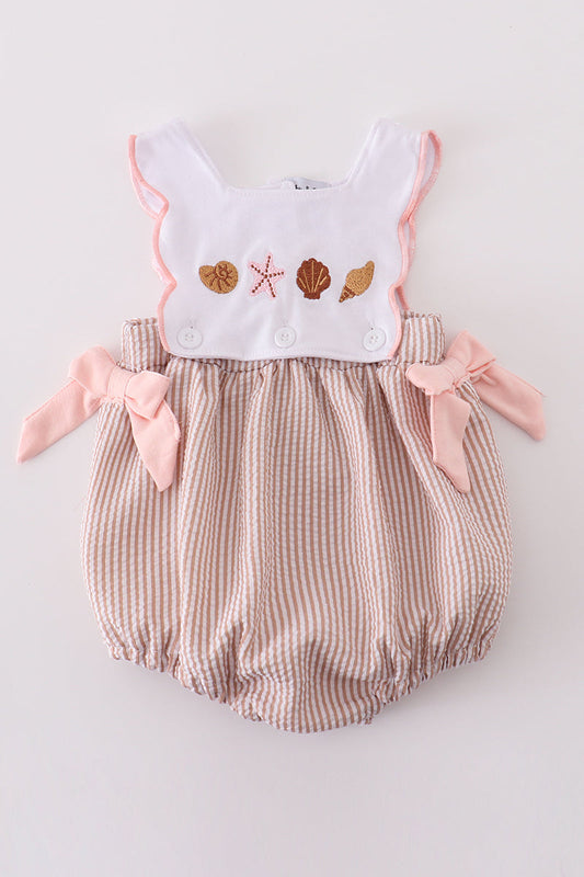 Brown Shell Starfish Embroidered Seersucker Girl Bubble Honeydew