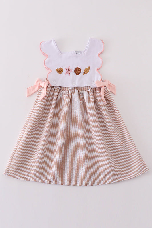 Brown Shell Starfish Embroidered Seersucker Girl Dress Honeydew