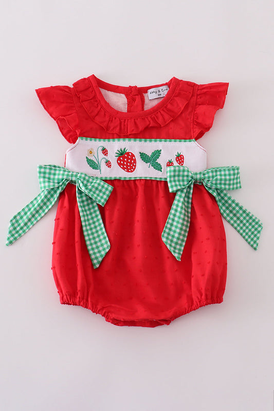 Red Strawberry Swiss Dot Girl Romper Honeydew