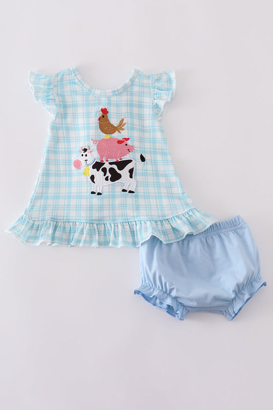 Farm Cow Pig Chicken Embroidery Plaid Bloomer Set Honeydew