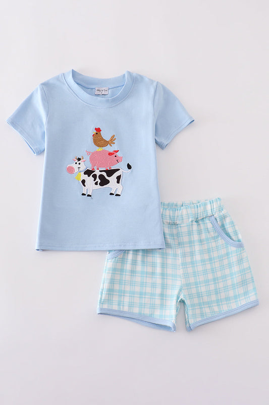 Farm Cow Pig Chicken Embroidery Plaid Short Set Honeydew