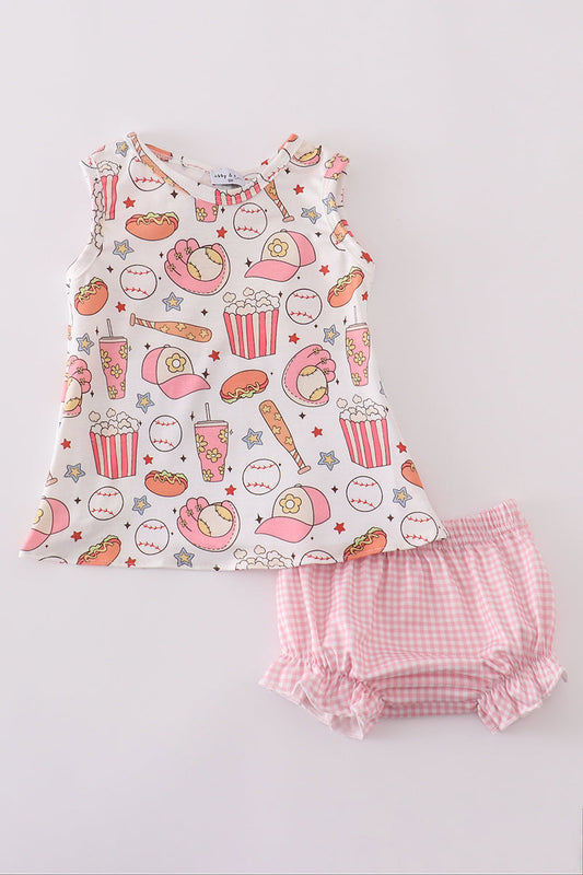 Pink Baseball Print Gingham Bloomer Set Honeydew