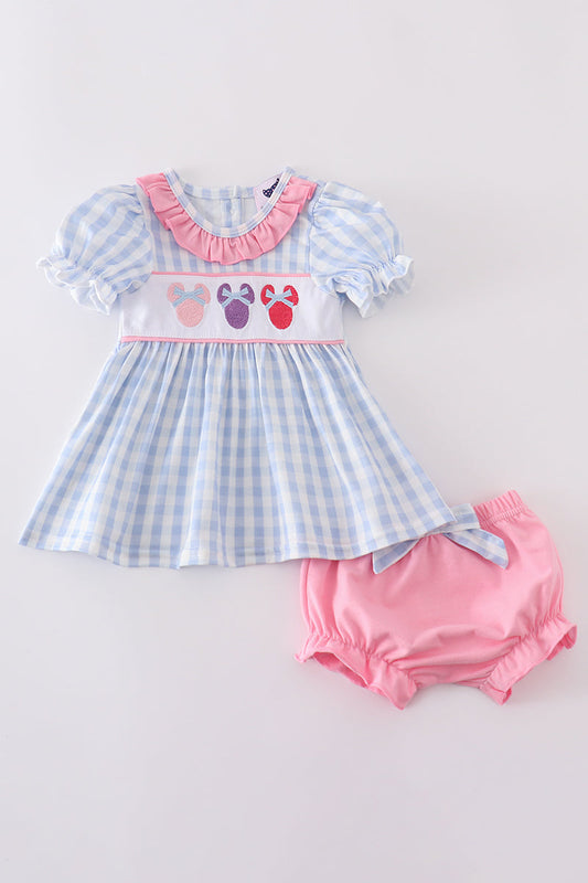 Blue Character Plaid Girl Bloomer Set Honeydew