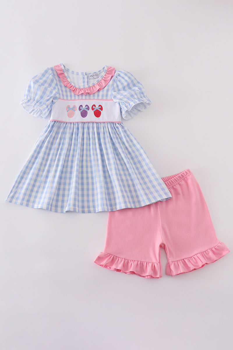 Blue Character Plaid Girl Short Set Honeydew