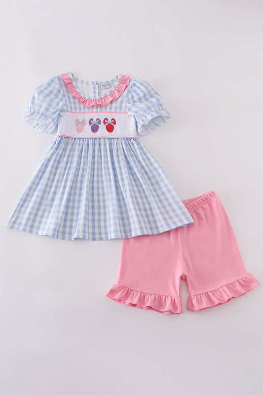 Blue Character Plaid Girl Short Set Honeydew
