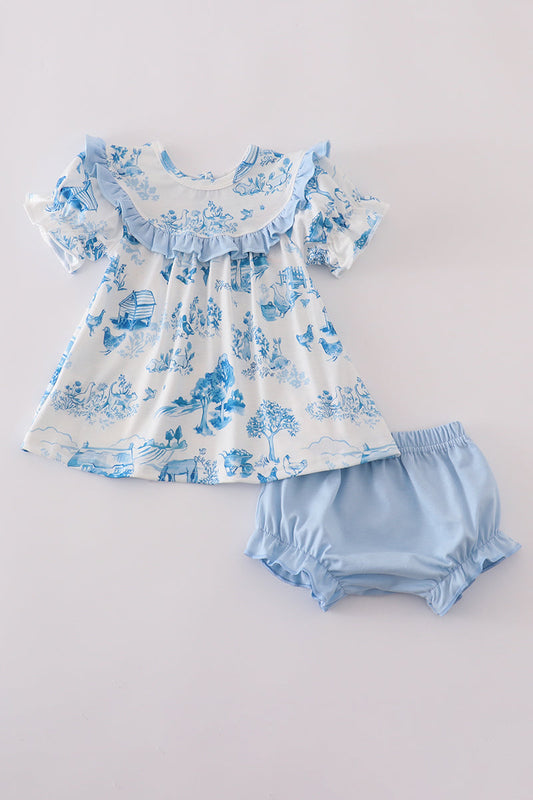 Blue Farm Print Bloomer Set Honeydew
