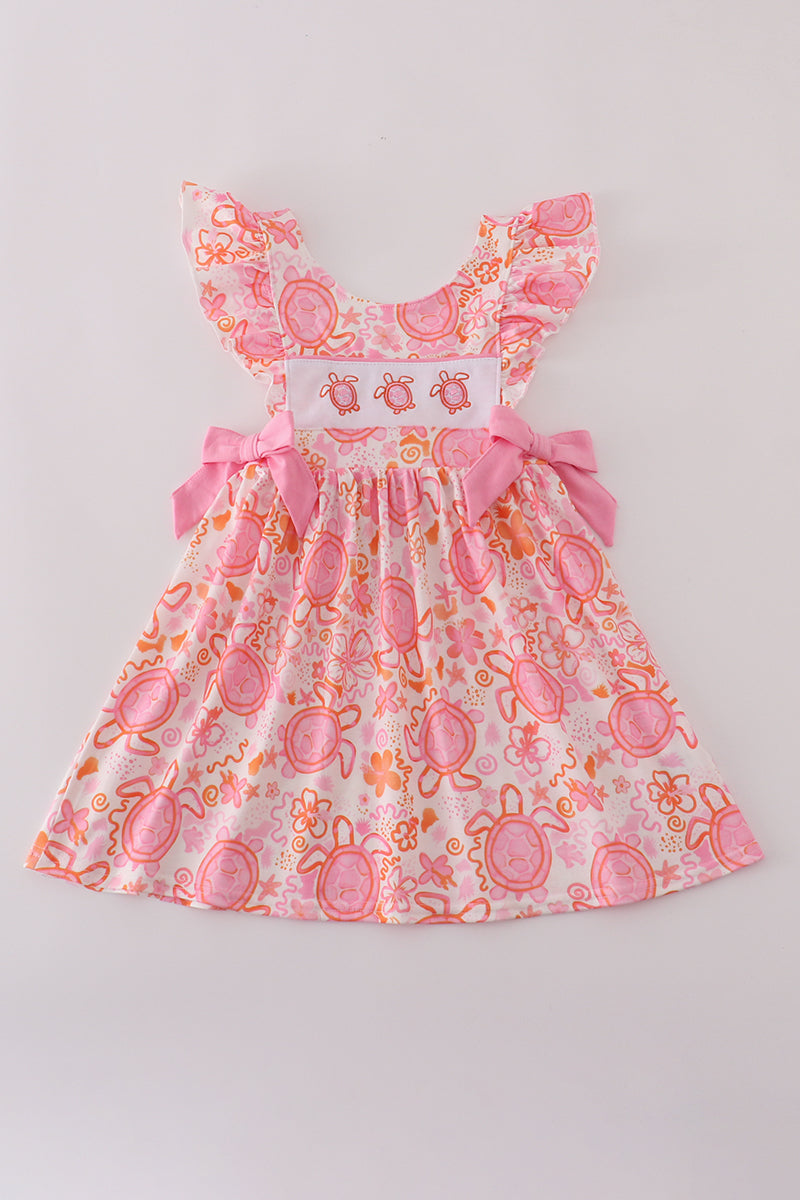 Pink Floral Turtle Embroidery Ruffle Dress Honeydew