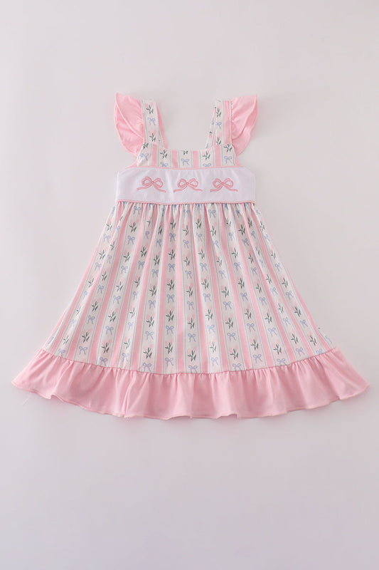 Pink Bow Embroidery Ruffle Dress Honeydew