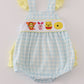 Blue Yellow Character Embroidery Gingham Girl Ruffle Romper Honeydew