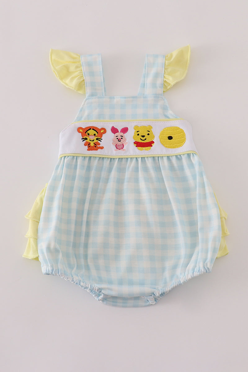Blue Yellow Character Embroidery Gingham Girl Ruffle Romper Honeydew