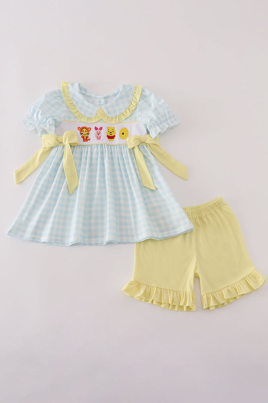 Blue Yellow Character Embroidery Gingham Girl Shorts Set Honeydew