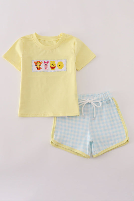 Blue Yellow Character Embroidery Gingham Shorts Set Honeydew