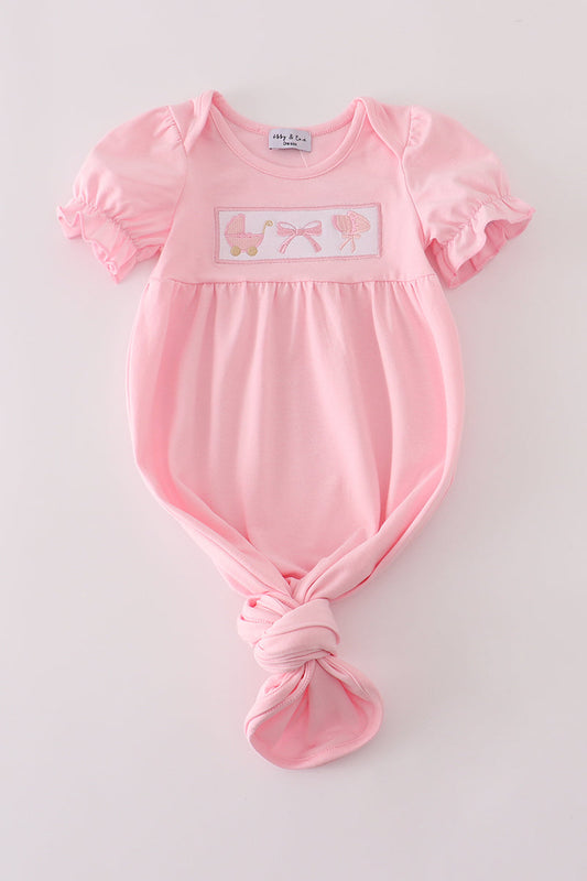 Pink Bow Embroidery Newborn Gown Honeydew