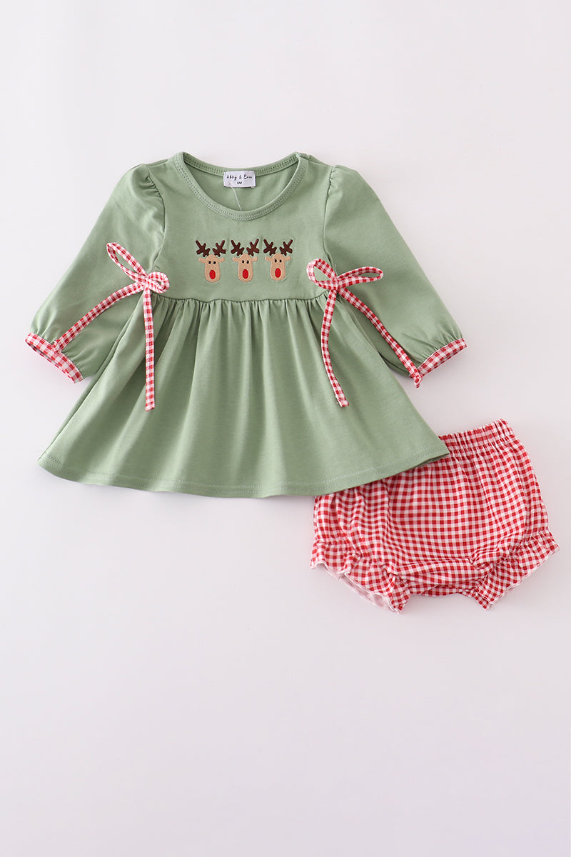 Green Christmas Reinder Embroidery Girl Bloomer Set Honeydew