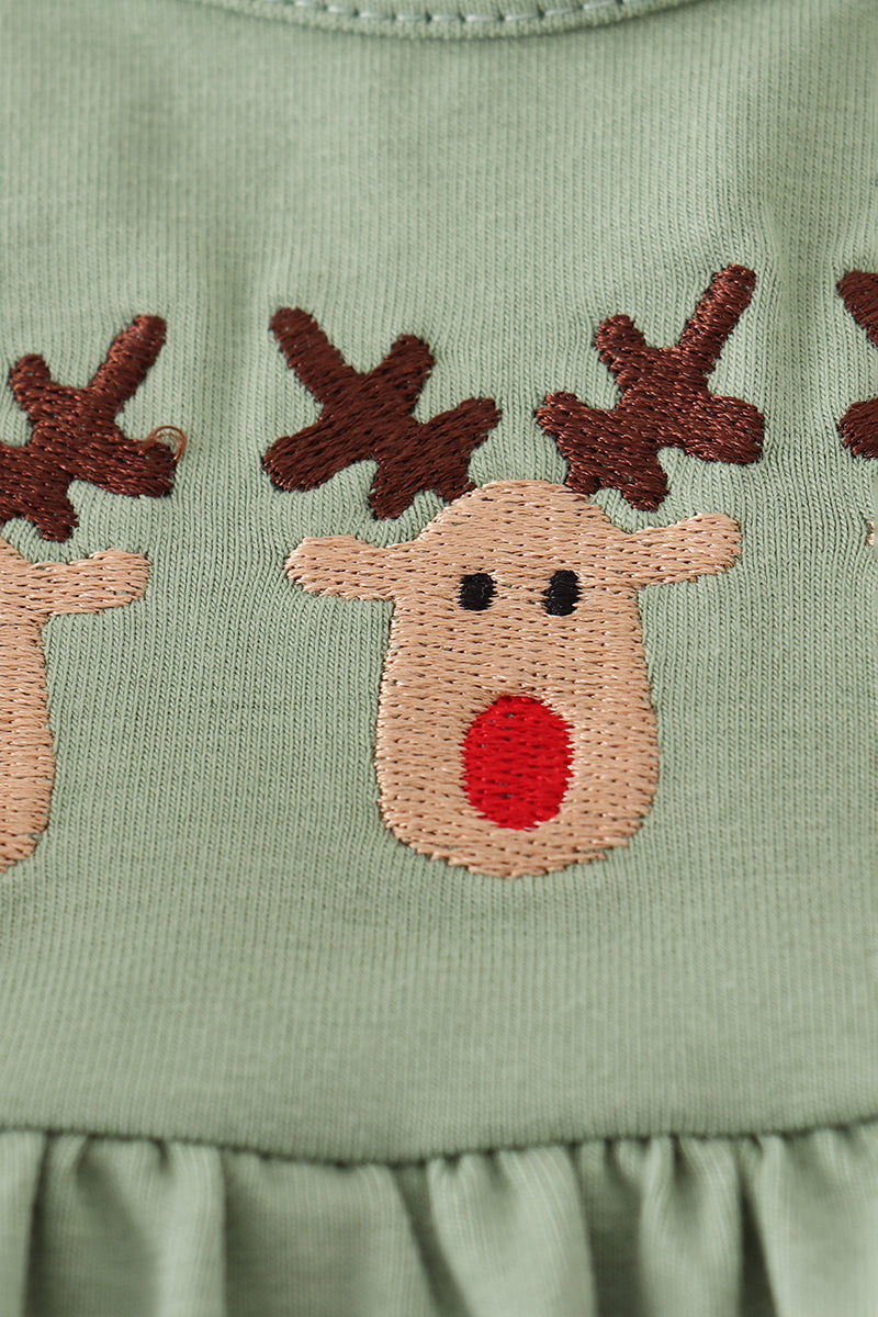Green Christmas Reinder Embroidery Girl Pants Set Honeydew