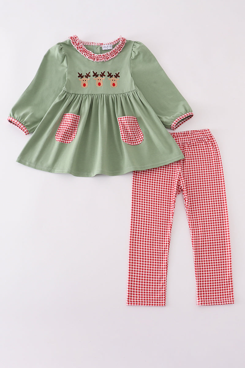 Green Christmas Reinder Embroidery Girl Pants Set Honeydew
