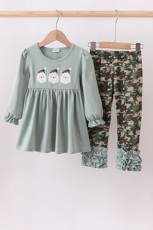 Camouflage Santa Claus Applique Girl Ruffle Pants Set Honeydew