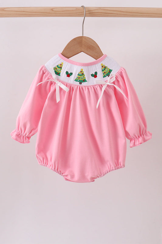 Pink Christmas Tree Smocked Bubble Honeydew