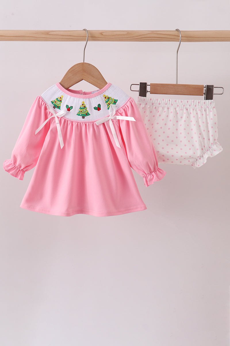 Pink Christmas Tree Smocked Bloomer Set Honeydew