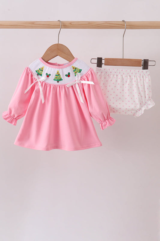 Pink Christmas Tree Smocked Bloomer Set Honeydew