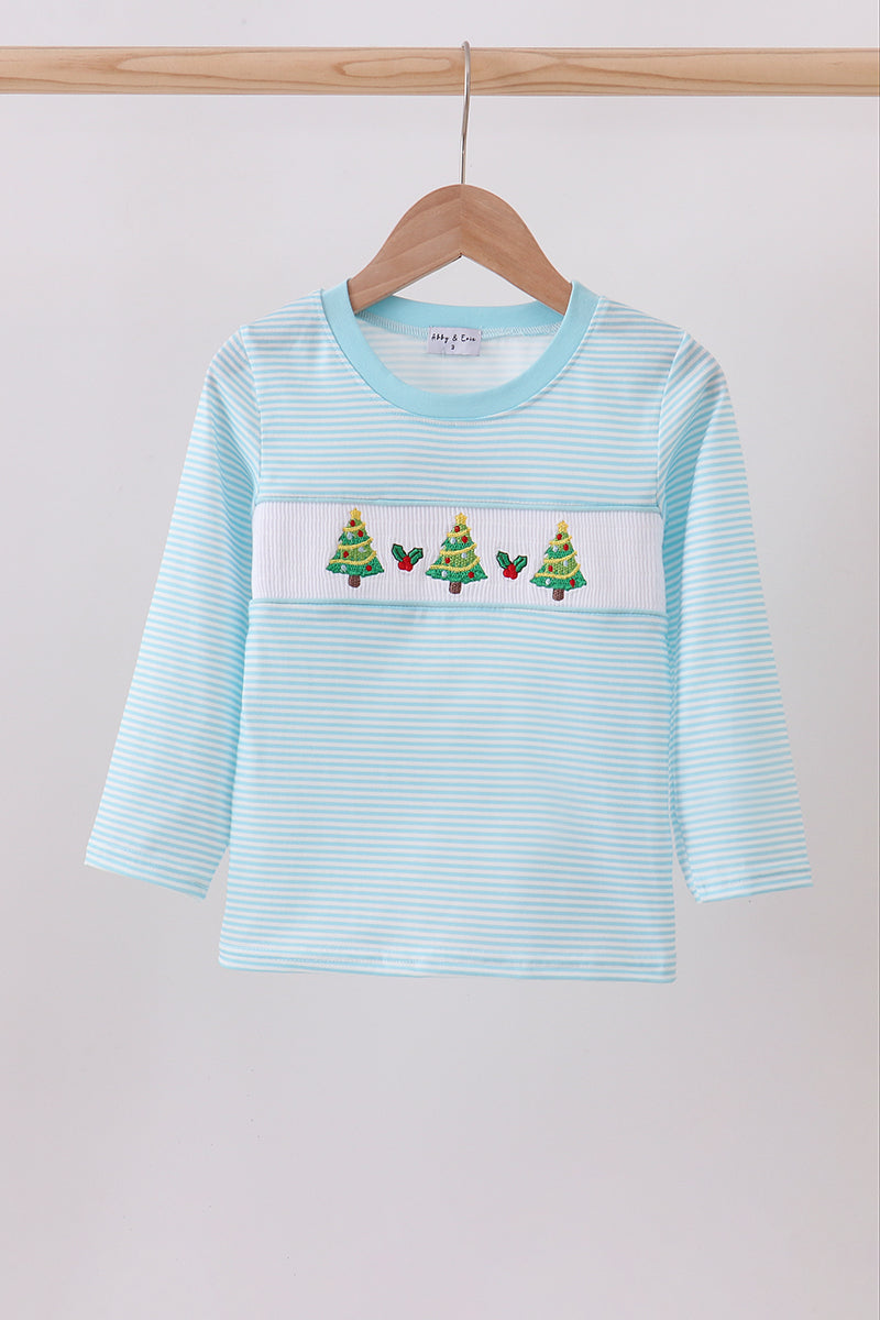 Blue Striped Christmas Tree Smocked Top Honeydew