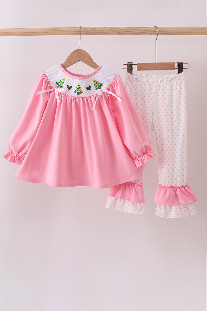 Pink Christmas Tree Smocked Pants Set Honeydew