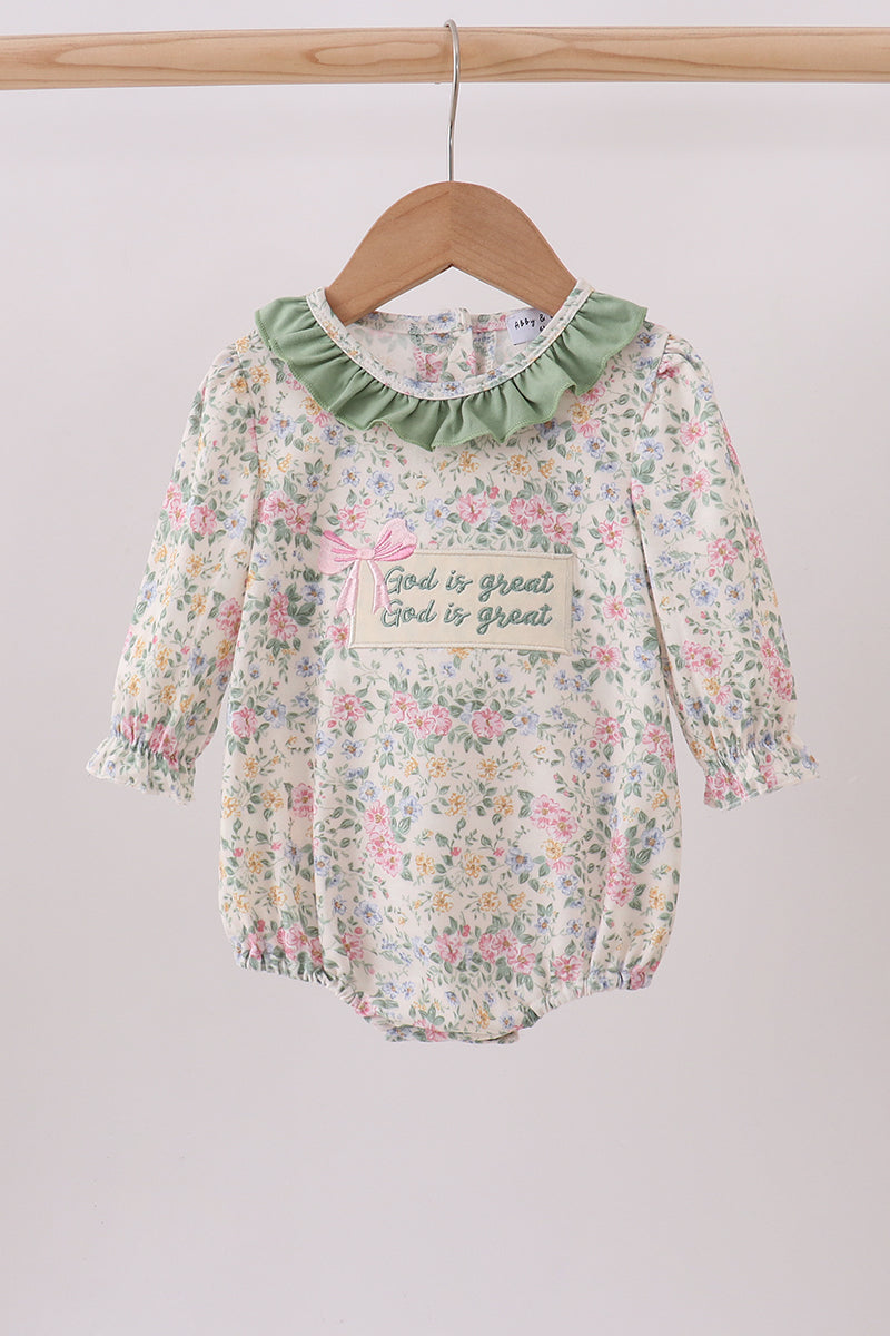 Green Floral God is Great Embroidery Ruffle Bubble Honeydew