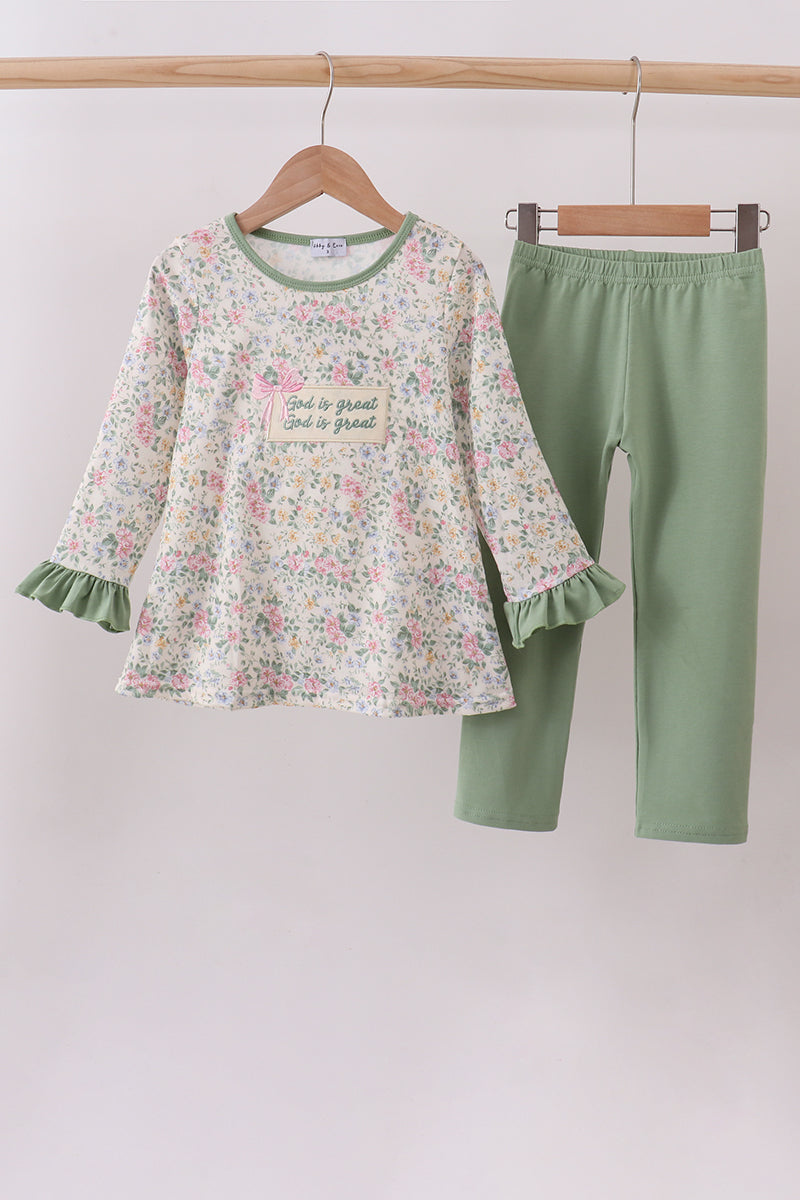 Green Floral God is Great Embroidery Ruffle Pants Set Honeydew