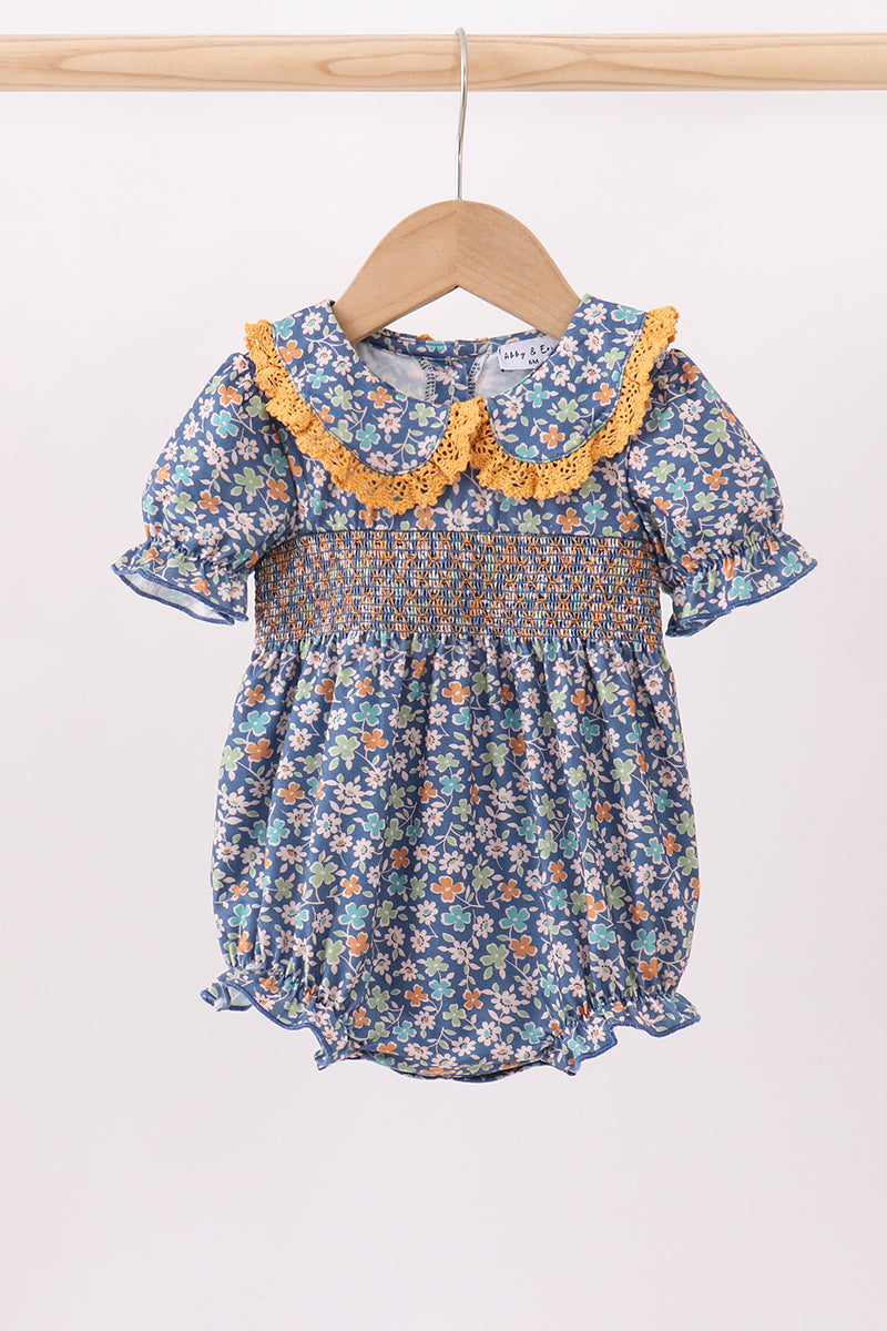 Navy Floral Smocked Ruffle Girl Romper Honeydew