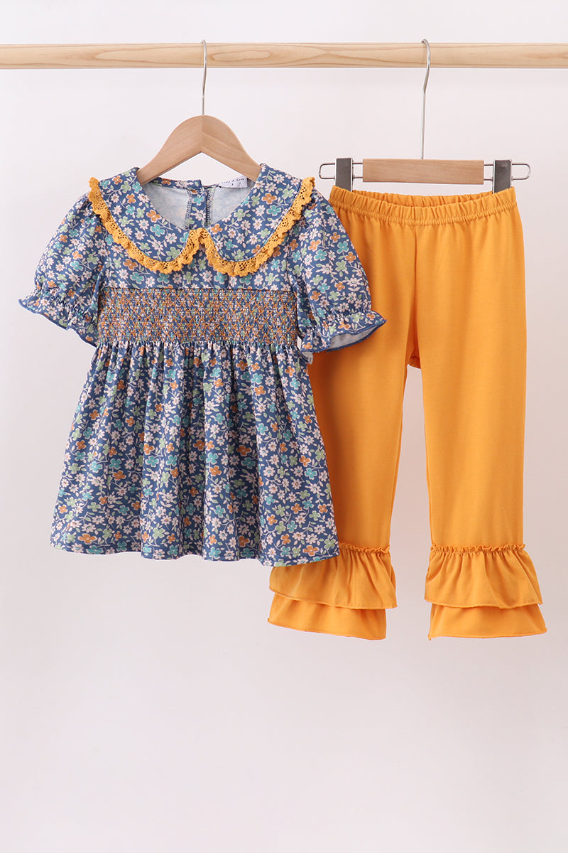 Navy Floral Smocked Ruffle Pants Honeydew