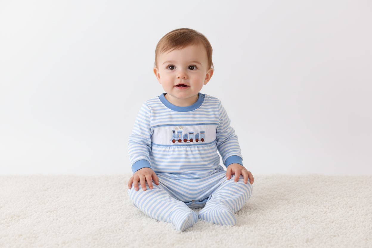 Blue Train Smocked Stripe Romper Honeydew