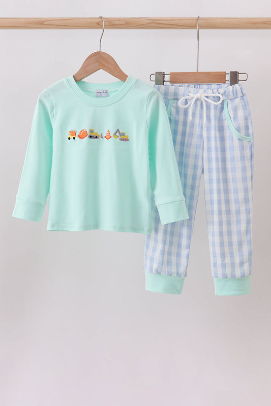 Mint Green Vehicle Embroidery Pants Set Honeydew