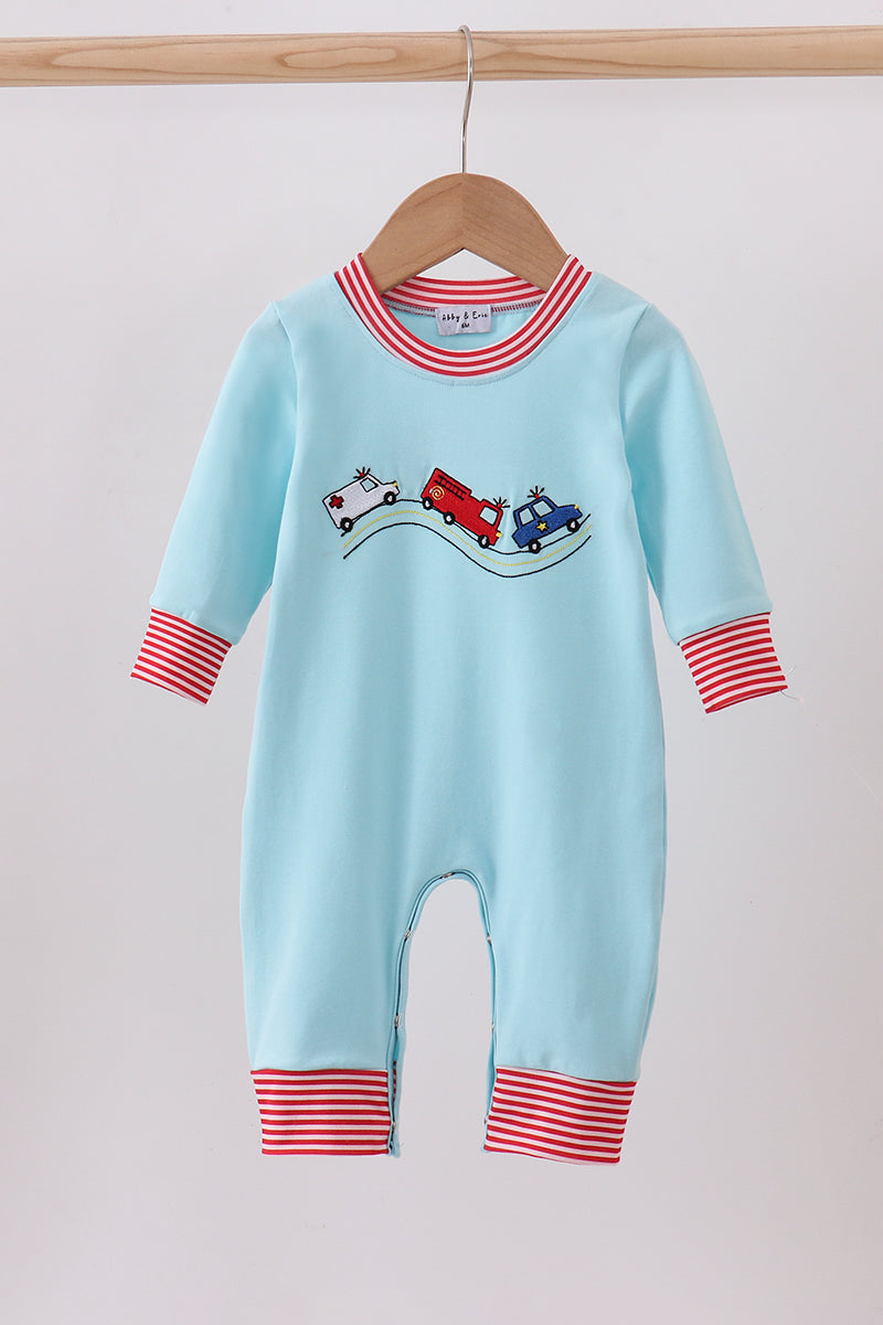 Blue Vehicle Embroidery Boy Romper Honeydew