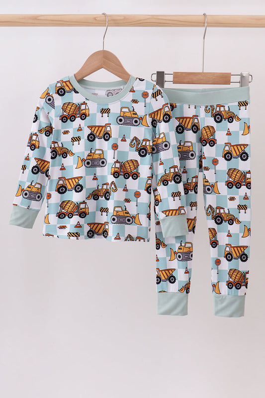 Green Bamboo Excavator Boy Pajama Set Honeydew