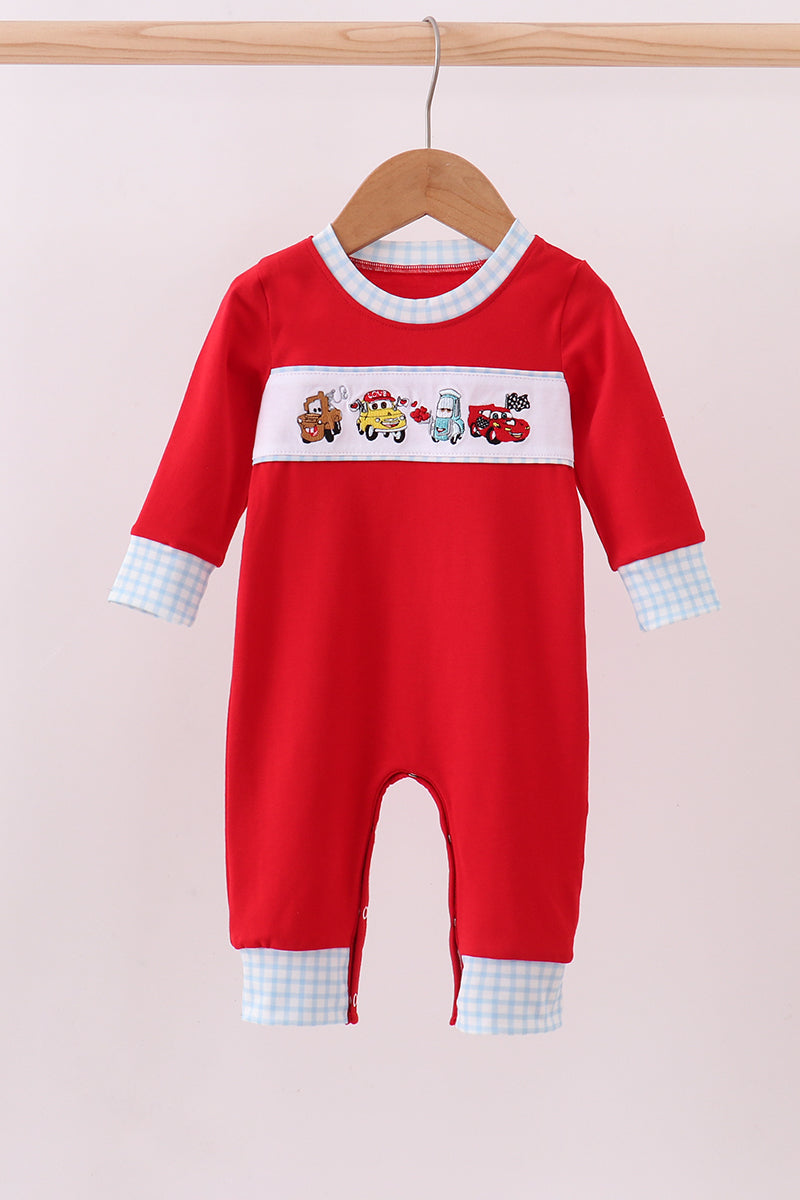 Red Character Truck Embroidery Romper Honeydew