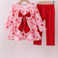 Red Heart Bow Print Pants Set Honeydew