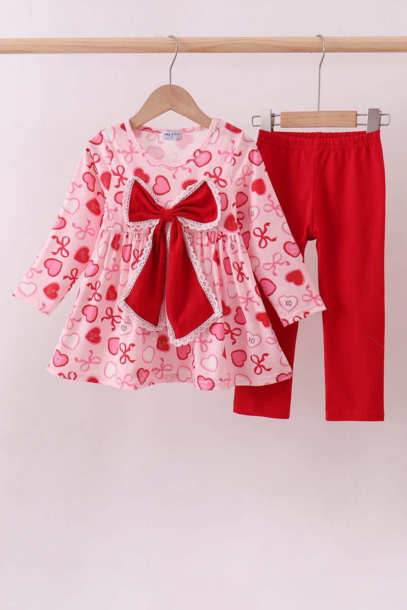 Red Heart Bow Print Pants Set Honeydew