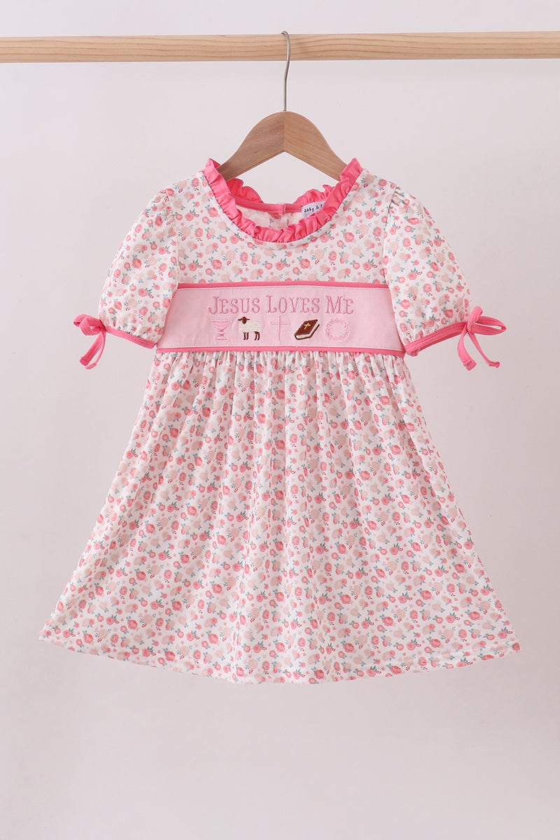 Pink Jesus Loves Me Embroidery Dress Honeydew