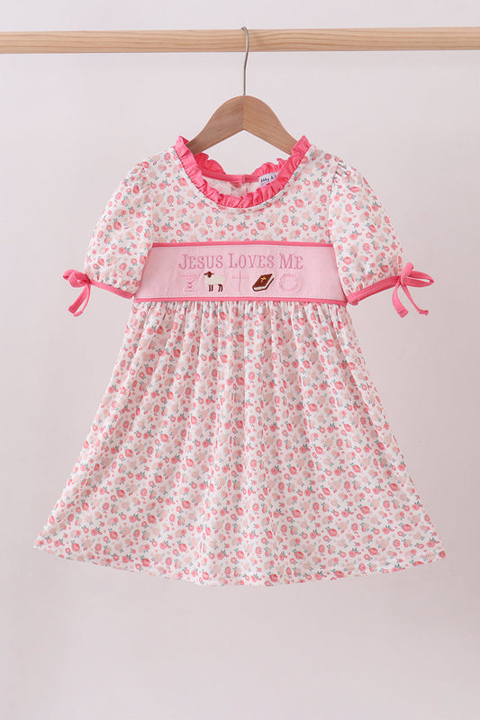Pink Jesus Loves Me Embroidery Dress Honeydew